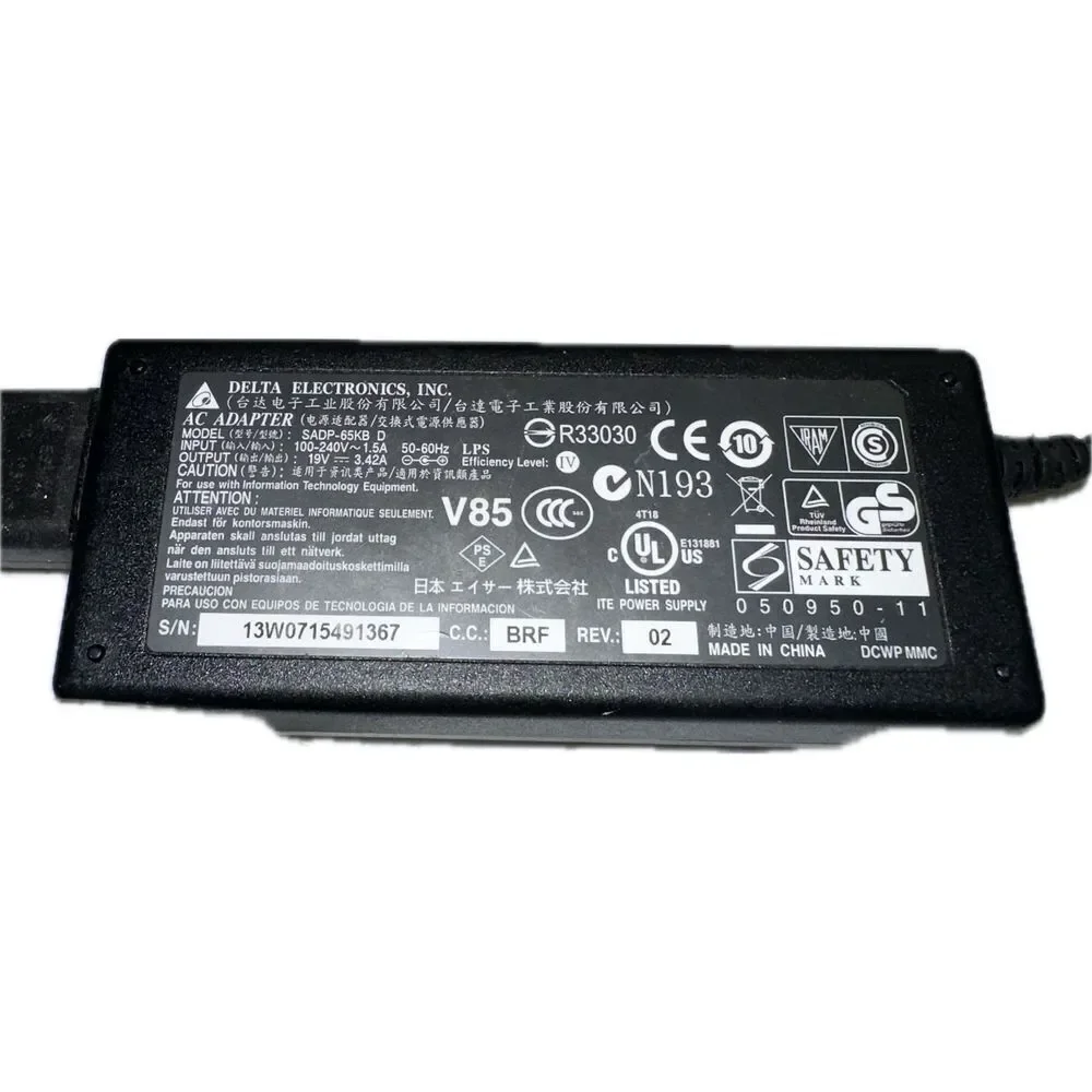Original Acer Ac Power Adapter - Delta Part # SADP-65KB D‎ 65 Watt Yellow Tip